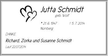 Traueranzeige von Jutta Schmidt von Pegnitz-Zeitung